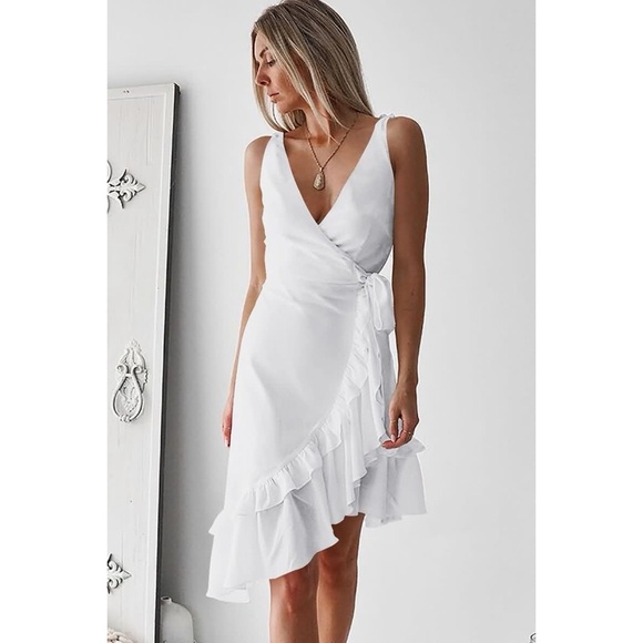 Two Sisters the Label Wrap Tied V Neck Ruffles Asymmetric Hem Dress Sz M (6) - Picture 1 of 11